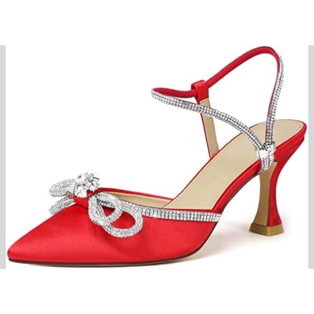 Susanny Red Stiletto Heel Sandals Women's Sz 7.5 Pointed Toe Bow Rhinestone